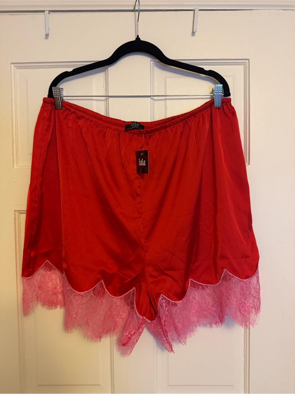 Dressed in LALA Red Satin Shorts with Pink Lace Hem